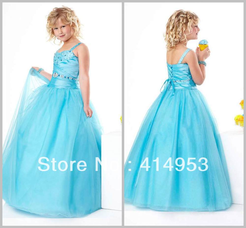Hot Selling 2013 A Line Blue Organza Crystal Beaded Floor Length Little Girl Pageant Dresses Free Shipping