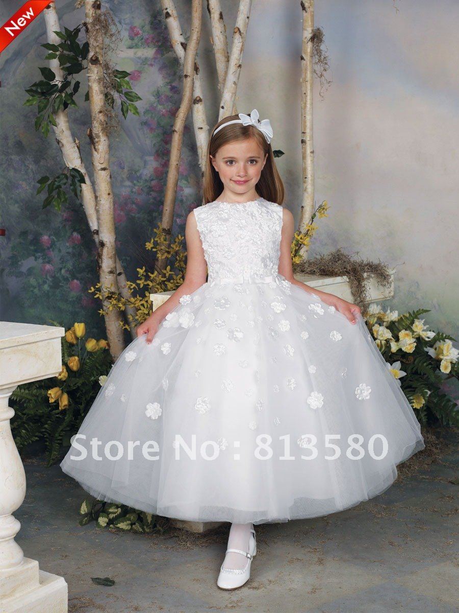 Hot Selling 2013 Free Shipping Tulle Sleeveless with Appliques and Flowers Tea-Length Jewel Neckline Flower Girl Dresses