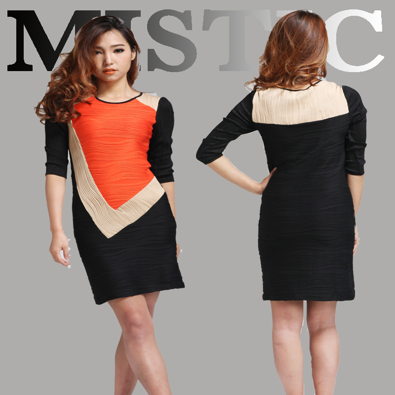 Hot Selling 2013  New Fashion Women's  Knitting Three Quarter Sleeve  Mini  Slim Fitting  Patchwork  Casual Dress