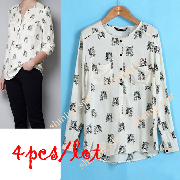 Hot Selling 4pcs/lot Women's Europe Style Long Sleeve Chiffon Shirt Top Blouse Tiger Pattern Print S 11113