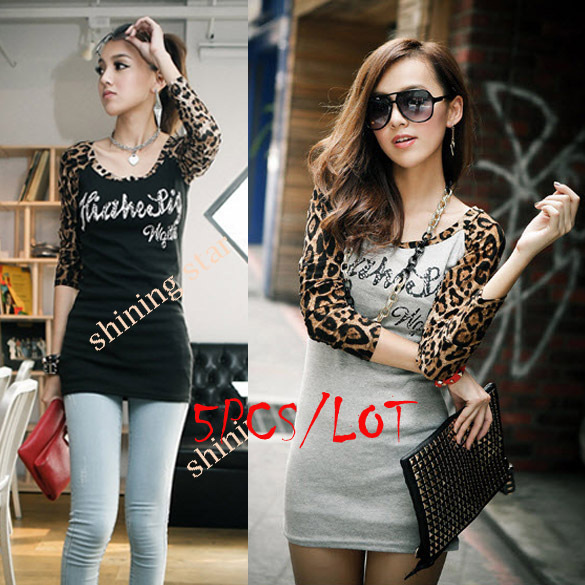 Hot Selling 5pcs/lot Women's Casual Unique Letter Print Blouse Leopard Sleeve T-shirt Blouse Dress S10291