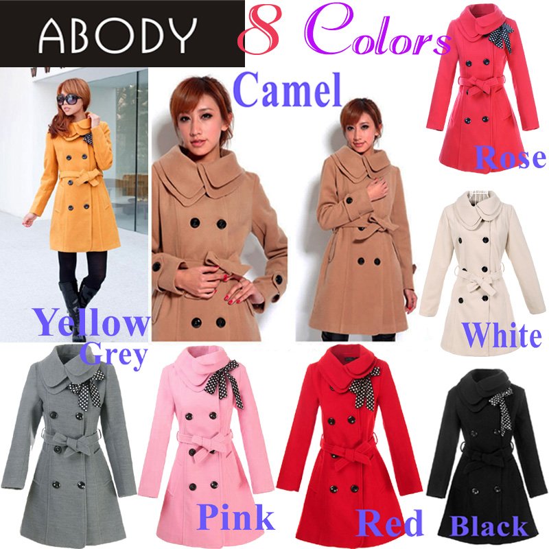 Hot-Selling !!  ABODY  Fashion Women's Trench Coat Lady Winter Coat Outerwear Double Breasted 8 Colors ,Free Shipping