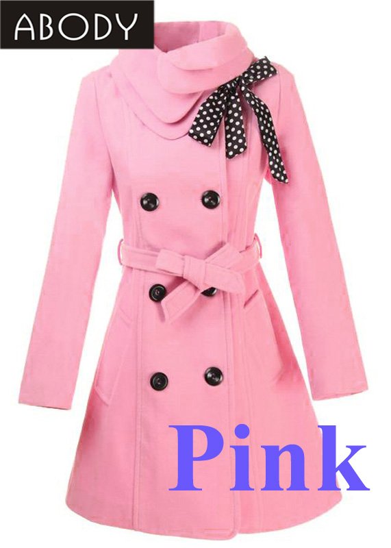 Hot-Selling !!  ABODY  Fashion Women's Trench Coat Lady Winter Coat Outerwear Double Breasted Pink ,Free Shipping Wholesale