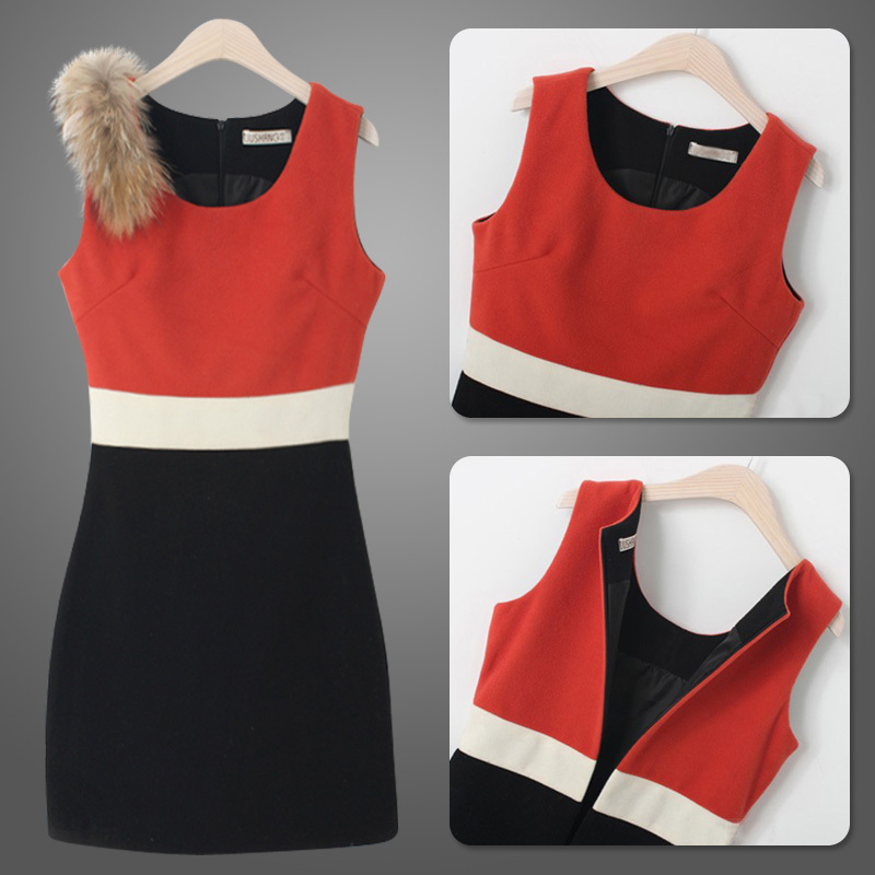 Hot selling autumn and winter women's fashion vintage colorant match slim tank woolen one-piece dress wholesale free shipping