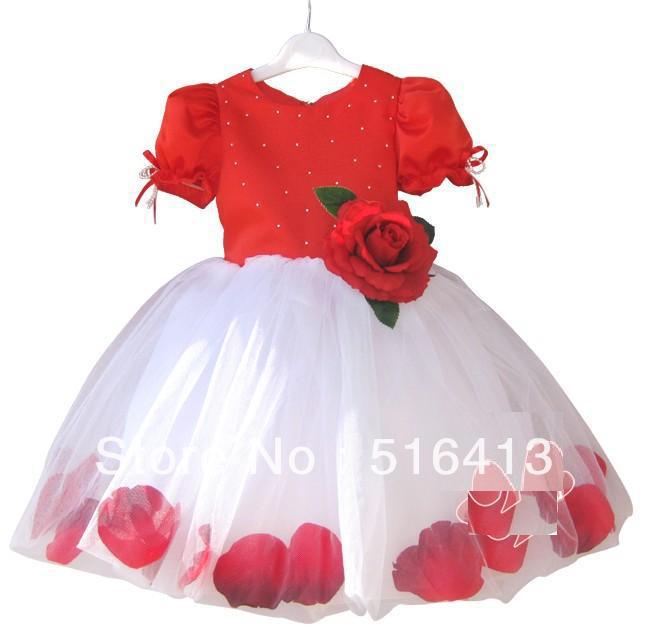 hot selling beautiful girls princess dress rose flower dress red top and white lace botton ball gown dress for flower girls 3-8T