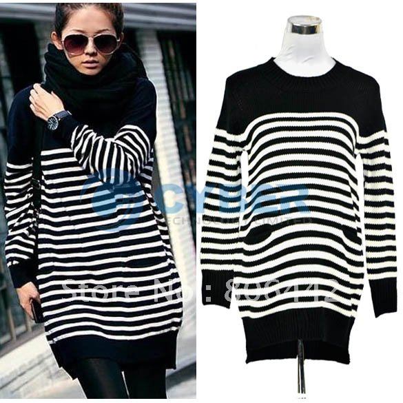 Hot Selling Black And White Stripe Sweater Women's Long-Sleeve Knitted Sweater Shirt Free Shipping