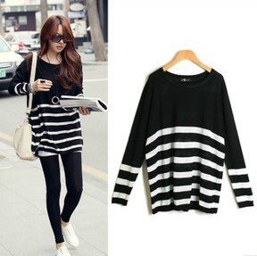 Hot selling black and white stripe sweater women's loose long-sleeve o-neck knitted sweater medium-long pullovers free shipping