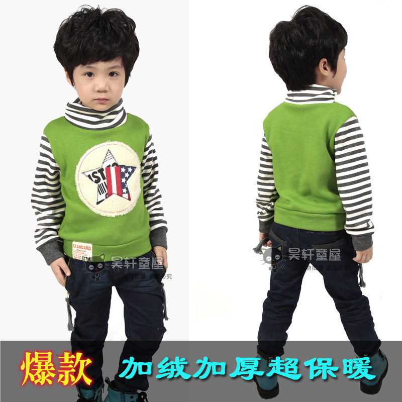 Hot-selling ! boys clothing children thickening turtleneck basic shirt fleece stripe pentastar goatswool long-sleeve T-shirt