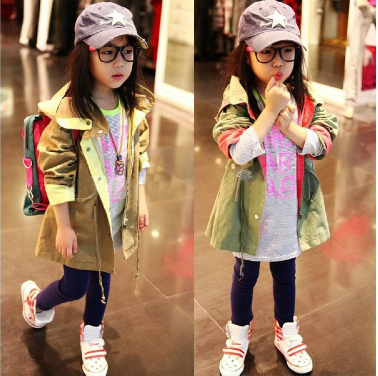 Hot-selling children's clothing back female child cartoon print trench outerwear fashion cotton-padded