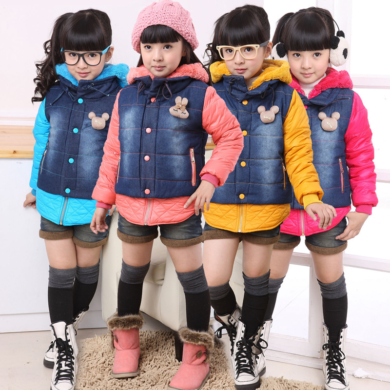 Hot-selling children's clothing female child denim outerwear winter thickening 2012 denim patchwork child cotton-padded jacket