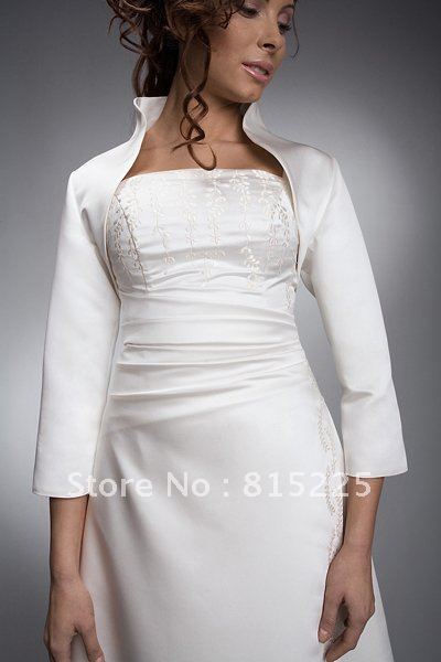 Hot Selling Designer Bridal Jacket Muslim Belero  Halflong Sleeves  White Satin Color  High Collar Low Price Free Shipping