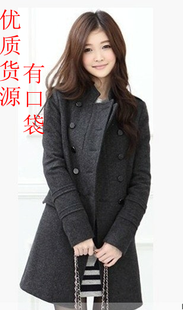 Hot-selling double breasted women's slim woolen  overcoat outerwear wadded jacket gray 1001b plus cotton free shipping