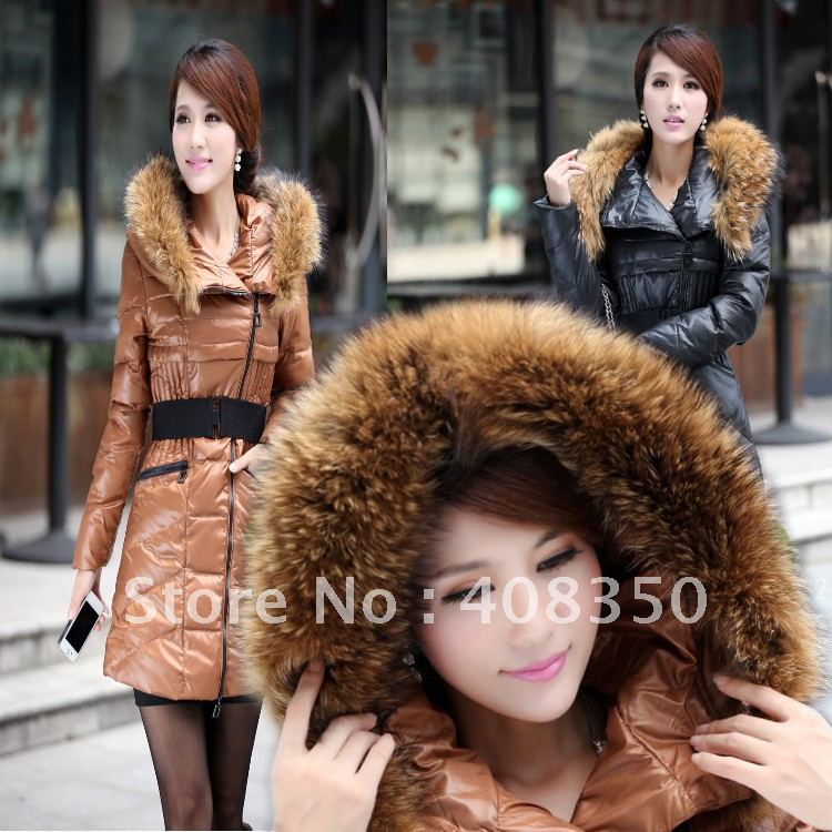 Hot-selling Fashion OL Soft Luxurious Raccoon Fur Hooded Medium-long Thickening Warm Slim-fit Down Jacket Coat, Free Shipping