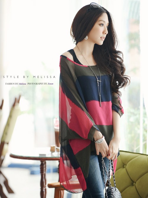 Hot-selling fashion women's 2013 1026 multicolour stripe chiffon shirt twinset tank