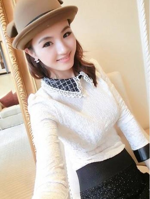 Hot-selling fashion women's 2013 6360 all-match crochet faux leather plaid peter pan collar slim lace top