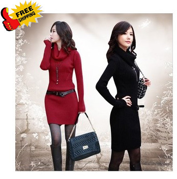 Hot Selling!Free shipping 2012 autumn/winter turtleneck slim casual knitted long sweater (with necklace+belt)