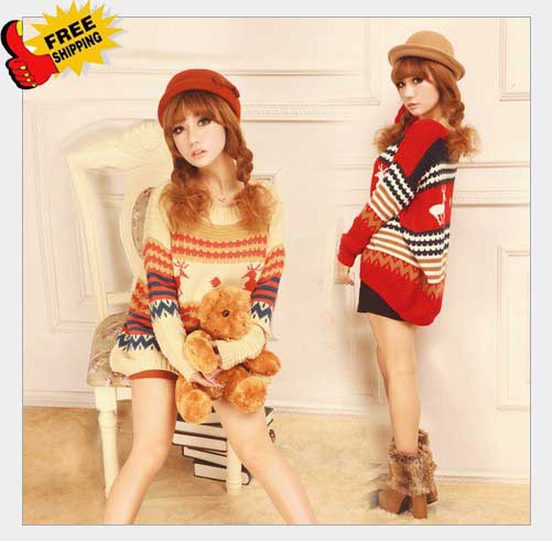Hot selling!Free shipping!2012 Christmas Deer New Design Colorful Loose Long Sleeve horizontal collar Pullovers Sweater Women