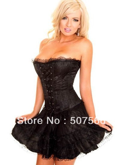 Hot Selling Free Shipping High Quality  2176 Black Color Satin Sex Bustier/Sexy Corset And G String./Lingerie Size S-XL