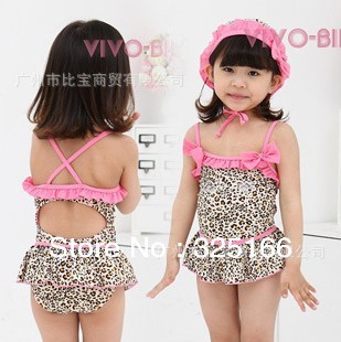 Hot selling girl leopard piece swimsuit children swim wear kids beachwear 2pcs/set free shipping