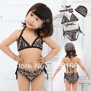 Hot selling girl three-point leopard swimsuit fashion children bikini swimwear free shipping