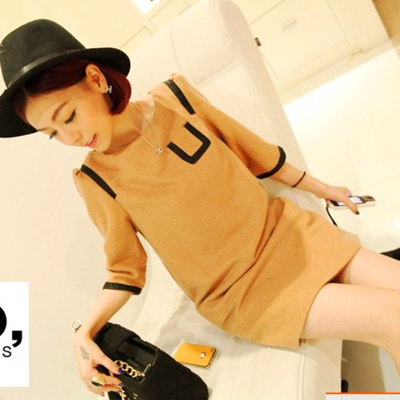 Hot-selling hot-selling 2012 autumn and winter woolen one-piece dress patchwork leather small long-sleeve plus size one-piece