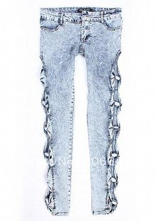 Hot selling Jeans women S/M/L Classical Vintage Detailed Woman Side Bow Cutout Ripped Denim Sexy Jeans Jeggings 1PC/LOT
