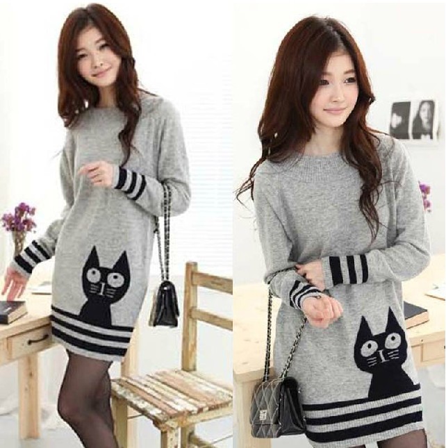 Hot-selling korean cute loose lady's cat pattern long gray sweater free sipping