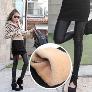 Hot-selling legging fashion elegant faux leather velvet thickening of sidepiece lace ankle length pants female trousers