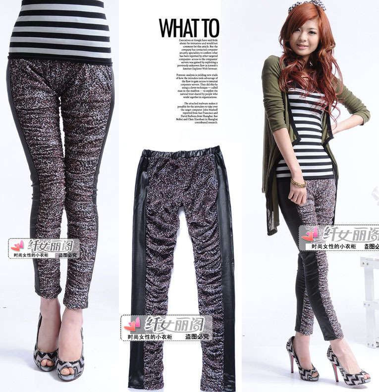 Hot Selling Little leopard lace leggings bud silk imitation leather body leggings Free Shipping