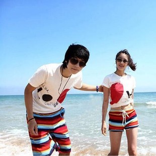 hot selling Lovers short-sleeve heart love design T-shirt  fashion stripes beach pants free shipping