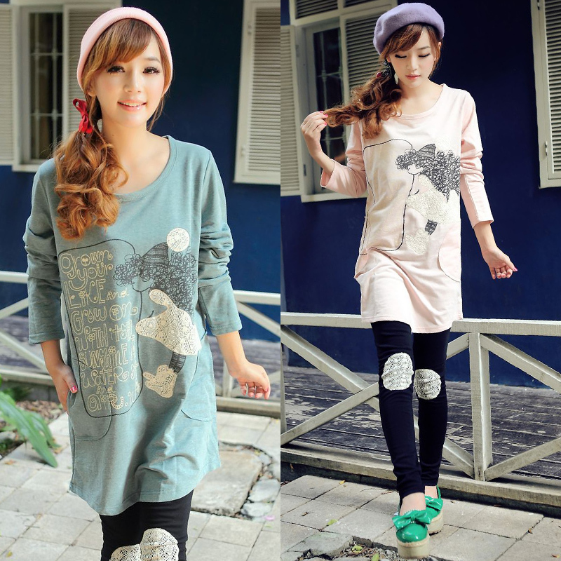 Hot-selling maternity clothing autumn plus size loose little girl lace applique print long-sleeve T-shirt