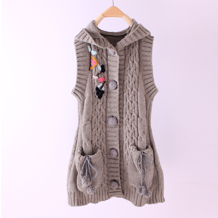 Hot selling Medium-long covered buttons single breasted hooded crotch thick yarn twisted needle yarn cardigan