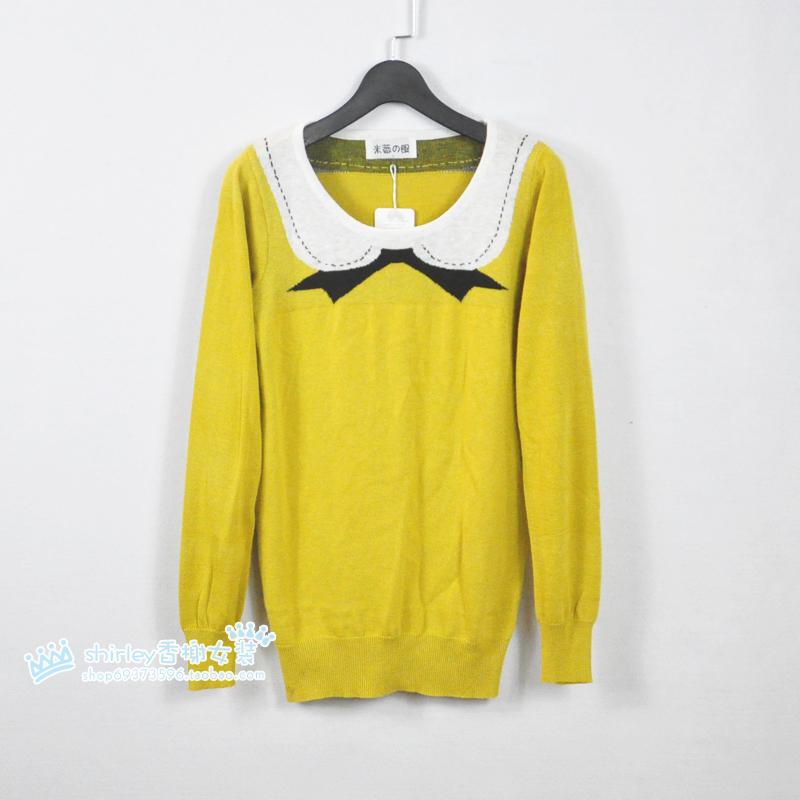 Hot-selling navy style peter pan collar bow long-sleeve o-neck all-match leptonema sweater