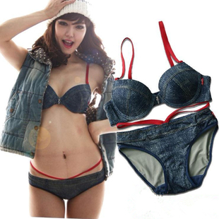 Hot-selling personalized bra Dark Blue denim underwear bra set push up sexy casual deep V-neck Women