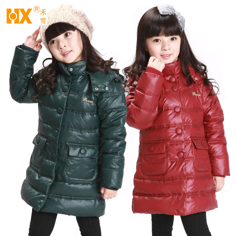 Hot-selling ploughboys female child long design winter down coat wadded jacket solid color chromophous 7 - 8-9-10 - 11-12-13