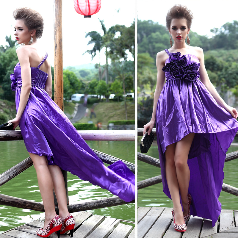 hot-selling purple low-high bridesmaid one shoulder dinner dress   elegant brooch