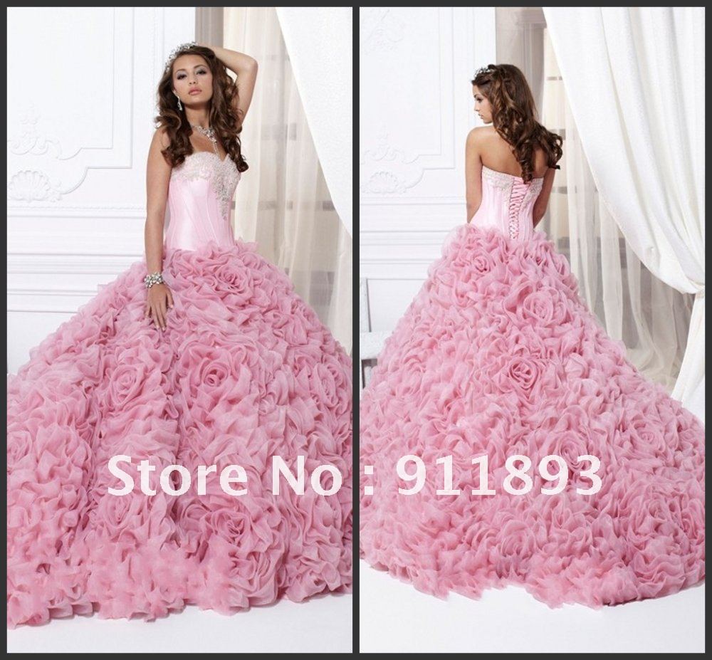 Hot Selling Rosette Mermaid Pink Appliques Ball Gown Trains Organza Ever Pretty Pegeant Quinceanera Dress 2013 Free Shipping