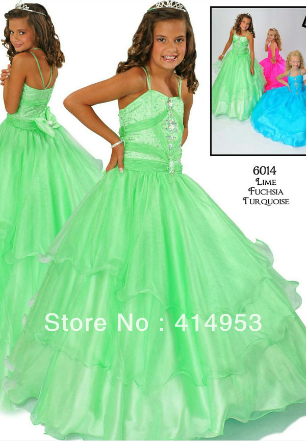 Hot Selling Sequin Beaded Charming Spaghetti Straps Long Lime Organza Girls Plus Size Holiday Dresses Free Shipping