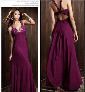 Hot-selling ! sexy breast gem crosscheck long formal dress spaghetti strap full dress