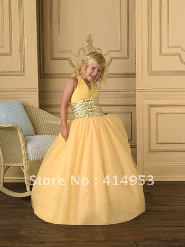 Hot Selling Sexy Halter Yellow Taffeta Waist Sequins Beaded Floor Length Children's Party Dresses 2012