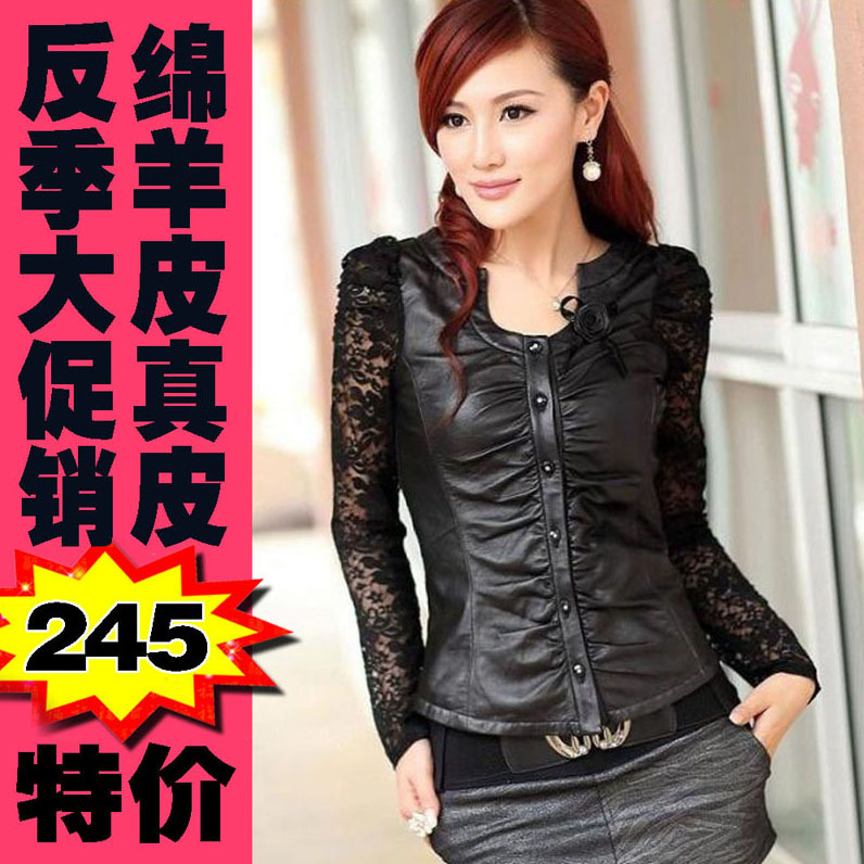 Hot-selling sheepskin lace lizard genuine leather clothing female short design slim basic leather clothing plus size