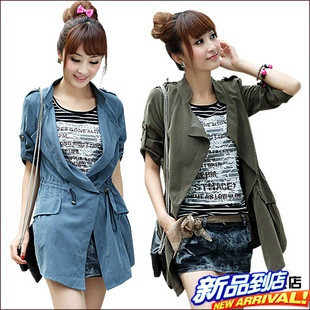 Hot-selling slim thin small stand collar loose half sleeve trench outerwear Free Shipping