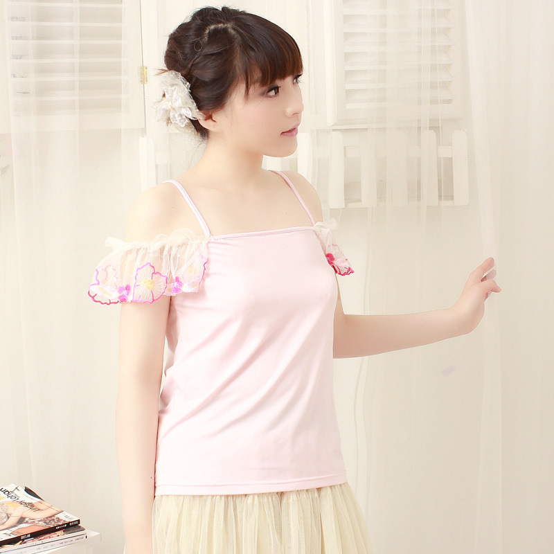 Hot-selling spaghetti strap top a35 summer double shoulder strap slit neckline style pink small vest