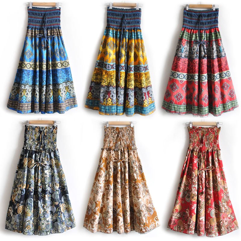 HOT Selling! Spring Summer OnePiece Dress Bohemian BOHO Linen Tube sleeveless Dresses Beach Skirt Flower Print Elastic Waistband