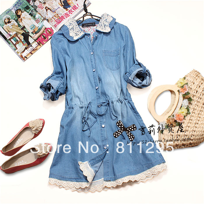 HOT Selling Sweet lace crochet peter pan collar strap slim waist long-sleeve denim one-piece dress cotton free shipping