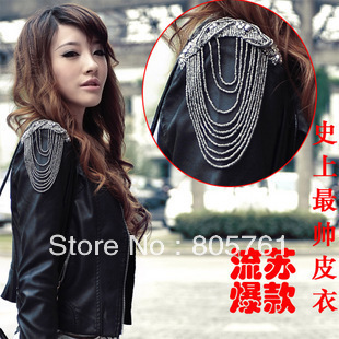 hot-selling Tassel single epaulette short design PU leather jacket Lady Outerwear,cheap motorcycle leather coat Free Shipping