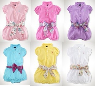 Hot selling top brand baby girl' stand collar buttons belt overalls kid's infant's sweet tie bow short sleeve romper bodysuit