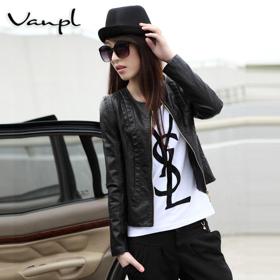 Hot-selling vanpl2013 spring all-match PU o-neck casual clothing short design slim women's outerwear female