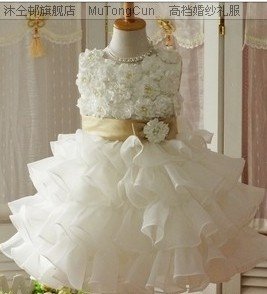 hot selling! white Lovely shoulder knee lenght wedding girl dress  kid perform wear  -y-033