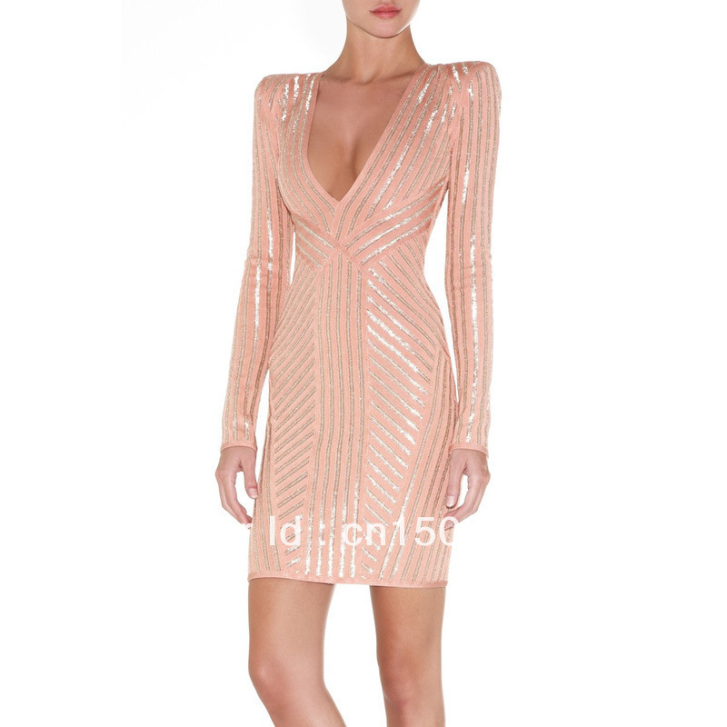 Hot selling  wholesale 2013 lastest sexy V-neck long sleeve HL Bandage Dress Cocktail Evening prom Dresses Pink free shipping